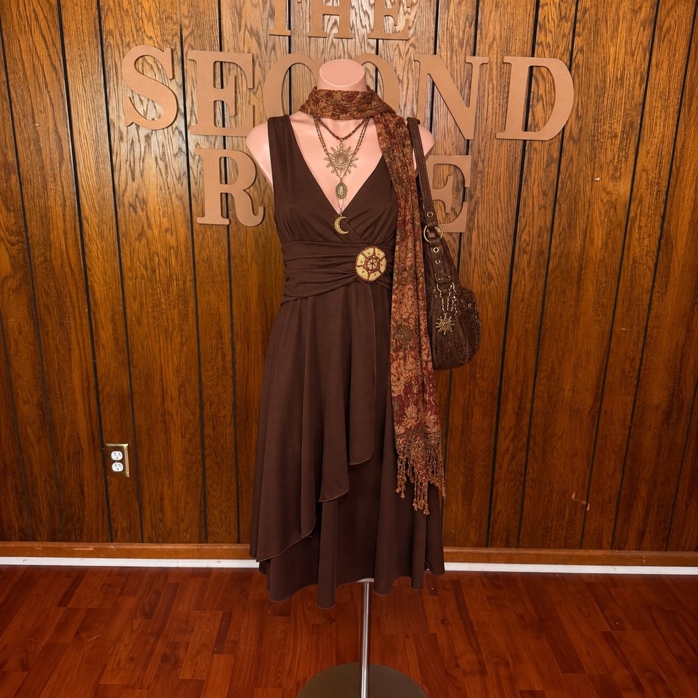 Vtg Y2K Brown Handkerchief Dress Teeze Me Women S Romantic Boho Beaded Accent
